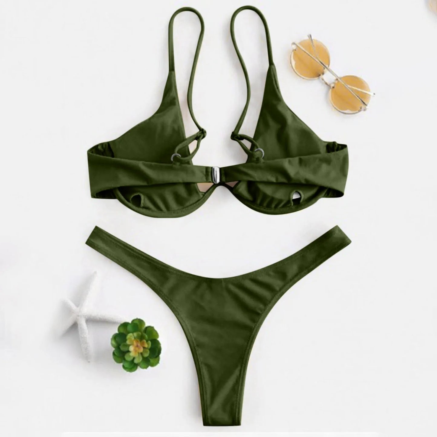 Bikini Sexy con aros para Mujer, traje de baño rojo liso con sujetador de realce, Tanga, traje de baño con cuello Halter y cuello de pico, Mini microtanga 2024