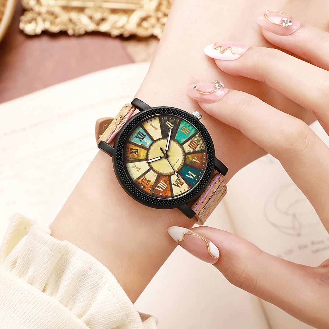 1 reloj de moda para mujer, reloj de cuarzo de imitación de cuero con disco romano Retro