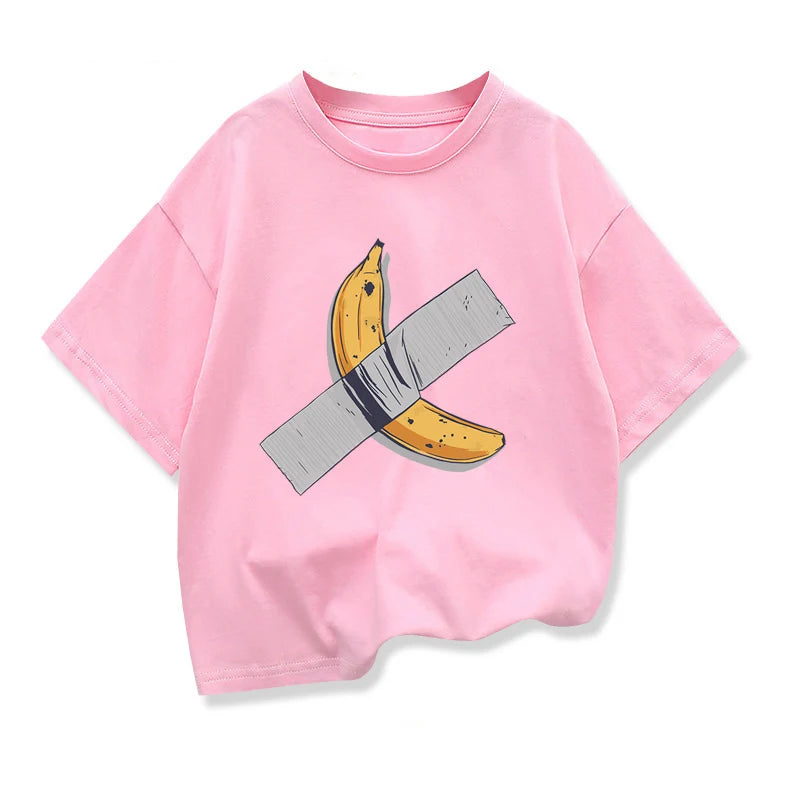 Ropa para niños, camiseta de manga corta con gráfico de plátanos en la pared, camisetas holgadas de algodón con cuello redondo de diseño Popular para niños