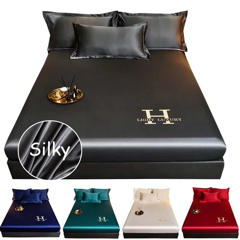 Sábana bajera de satén de alta gama con banda elástica, Sábana sedosa de Color sólido, funda de colchón antideslizante suave, colchas, ropa de cama
