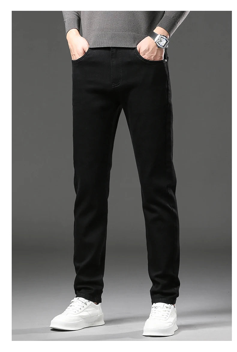 Pantalones vaqueros gruesos y cálidos de lana de invierno para hombre, pantalones vaqueros elásticos rectos ajustados, ropa informal para hombre, pantalones de felpa a la moda