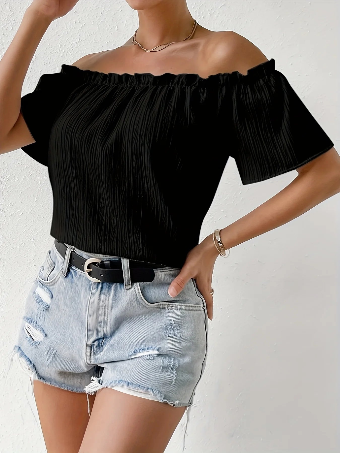 Camisa elegante sin tirantes de verano para mujer, blusas informales de gasa lisas para oficina, Tops con hombros descubiertos a la moda