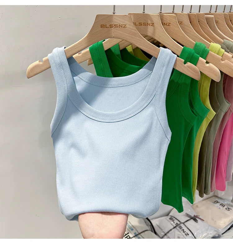 Zjaiss, camiseta sin mangas acanalada con cuello redondo liso para mujer, camisola para mujer, camiseta sin mangas elástica básica de verano 2025, camiseta sin mangas sólida con cuello redondo