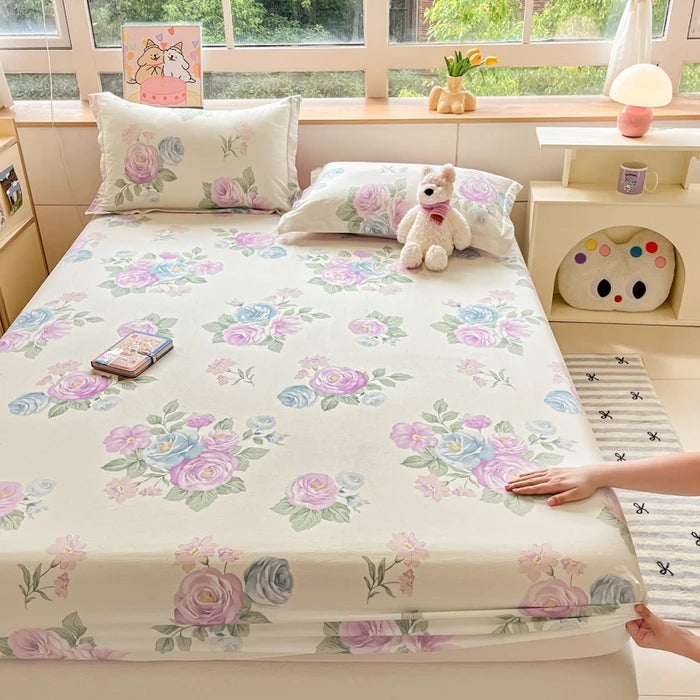 Juego de sábanas ajustadas de algodón 100% puro con funda de almohada, funda de cama con estampado de flores, sábanas individuales/Queen/King Size