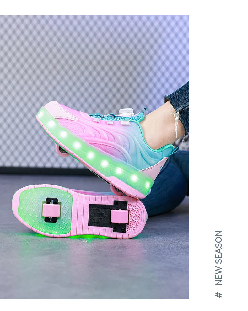 Zapatos de patín con luz Led de dos ruedas para niños y niñas, zapatillas deportivas luminosas, monopatín con carga USB