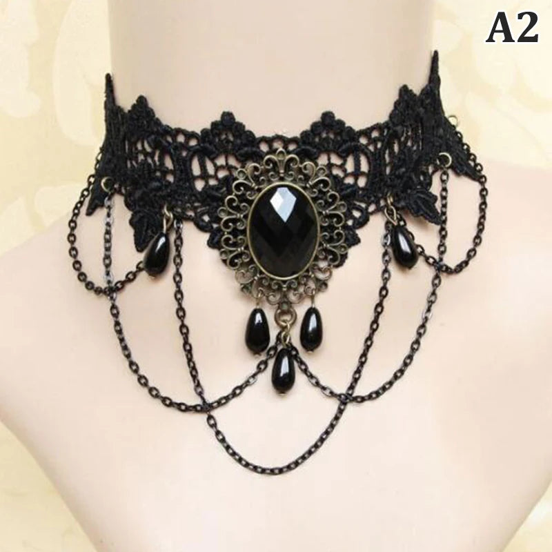 Nuevas gargantillas góticas sexis, gargantilla de cuello de encaje negro de cristal, collar Vintage victoriano para mujer, joyerÃa Steampunk