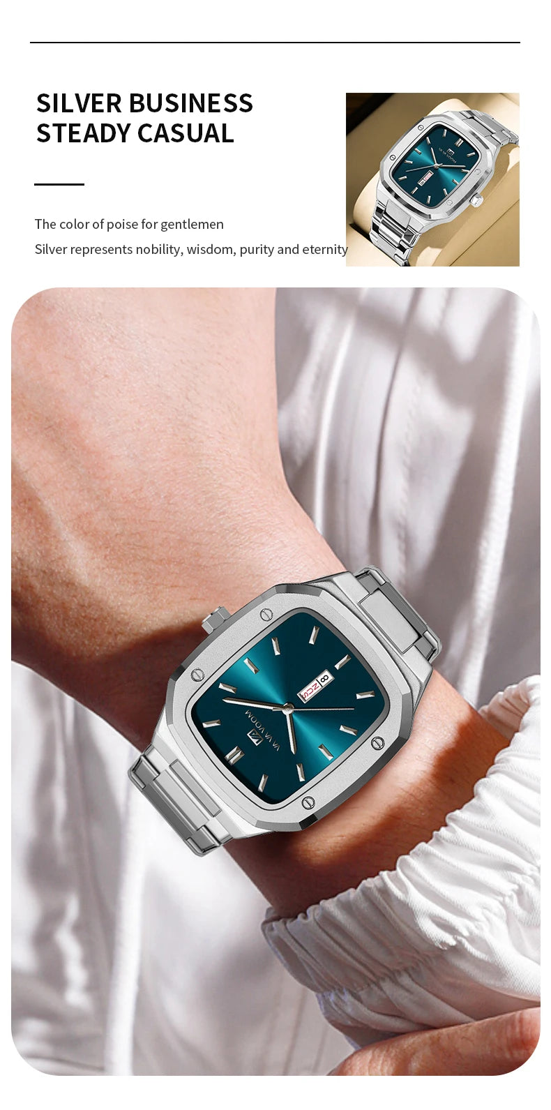 2024 nuevo reloj para hombre, correa cuadrada de acero inoxidable a la moda, oro azul, 3Bar, calendario semanal de cuarzo, reloj de pulsera deportivo de negocios simulado