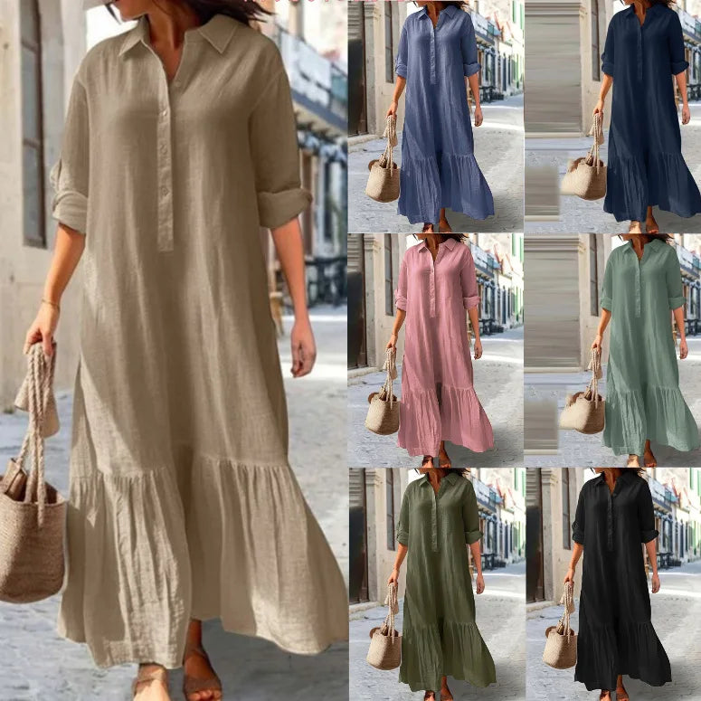 Vestido informal de manga larga para mujer, vestido de oficina para mujer, moda Primavera Verano, vestido camisero liso elegante, vestidos para mujer 2024