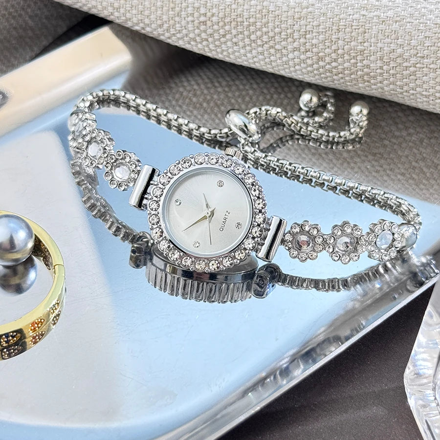 Conjunto de reloj de pulsera de Calcedonia de comercio exterior con luz de diamante, reloj de cuarzo de lujo en vivo, nuevo reloj de mujer con diamantes