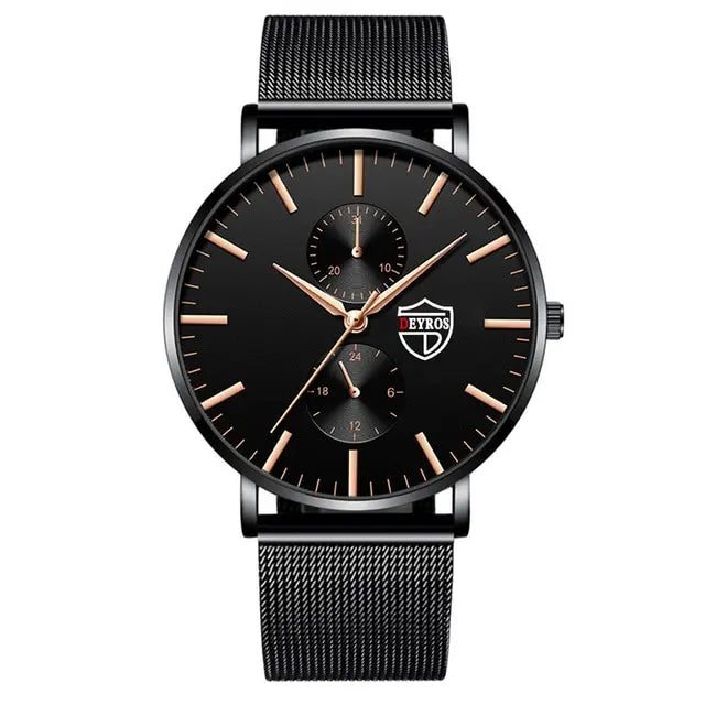 Reloj de pulsera de cuarzo de moda ultra fino para hombre reloj de pulsera de cuarzo de lujo negro de malla de acero inoxidable reloj de hombre