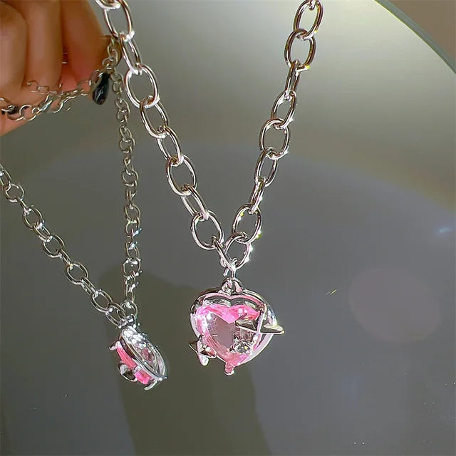 Collares con colgante de circonio y corazón de planeta rosa Y2K para mujer, collar de cadena de clavÃcula estética a la moda, regalo del DÃa de San ValentÃn, joyerÃa para fiesta