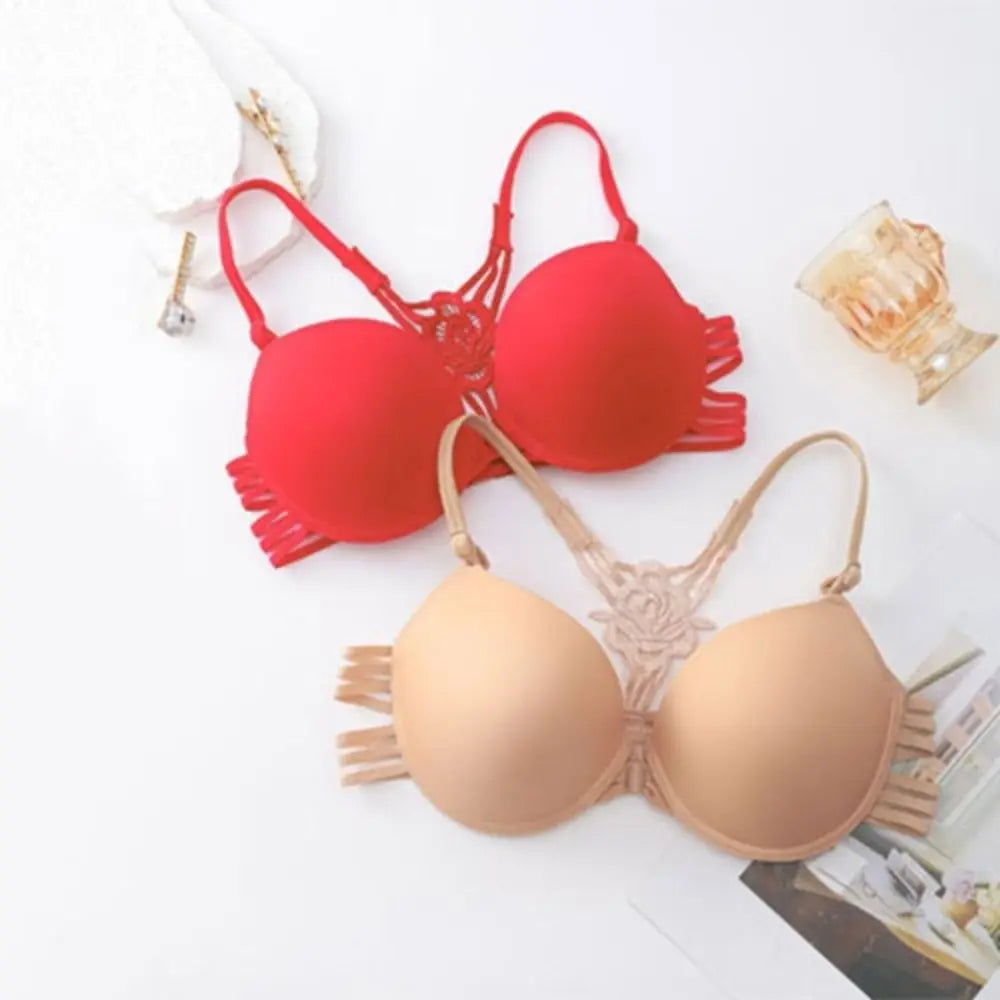 Sujetador de encaje con botón frontal a la moda para mujer, 3/4 tazas, parte de atrás bonita, sujetador sin costuras, ropa interior íntima, sujetador inalámbrico con escote en V profundo para playa