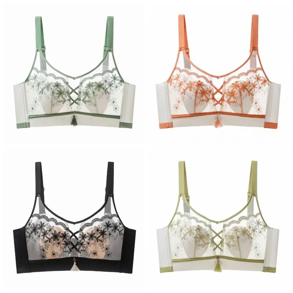Sujetador de encaje con borlas y pechos recogidos para mujer, sujetador de malla fino a prueba de golpes, sin costuras, lencería transparente, ropa interior push-up