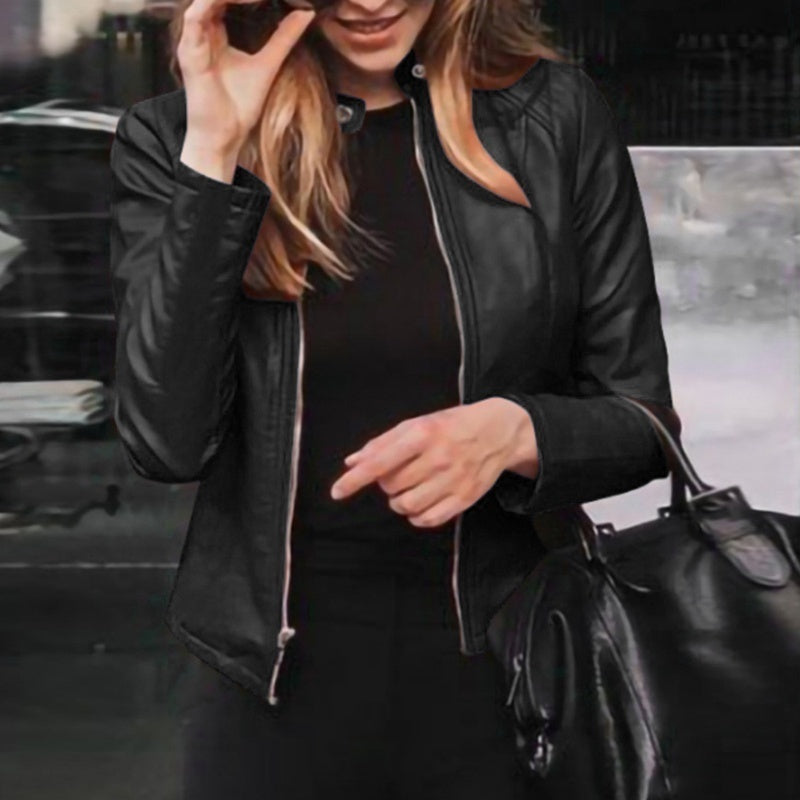 Chaqueta ajustada de piel sintética para mujer, chaqueta clásica de motociclista de PU, abrigo básico con cremallera para primavera y otoño