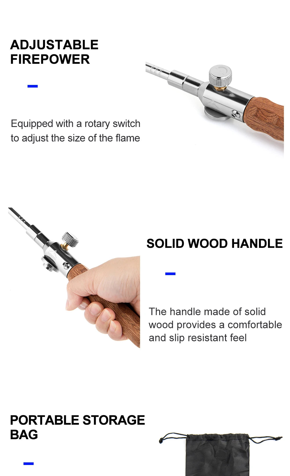 Widesea-encendedor de llama larga para acampar, quemador de mango de madera portátil para exteriores, Picnic, barbacoa, tanque de Gas, pistola de pulverización, kit de herramientas de estufa extraíble