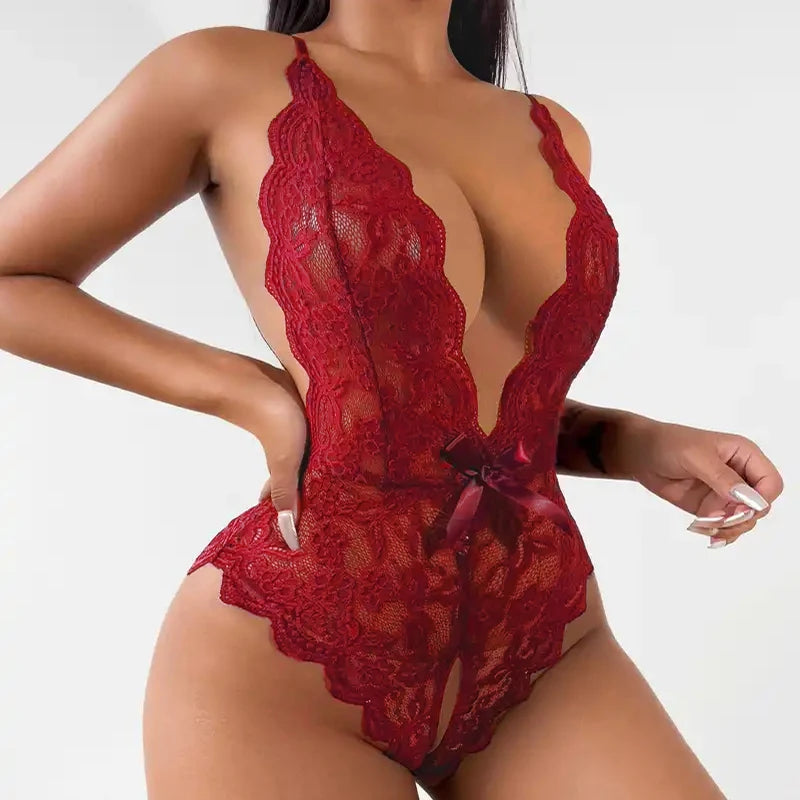 LencerÃa Sexy sin entrepierna para mujer, Body de encaje rojo, entrepierna abierta, trajes eróticos, vestido Babydoll de peluche, conjunto de ropa interior porno transparente