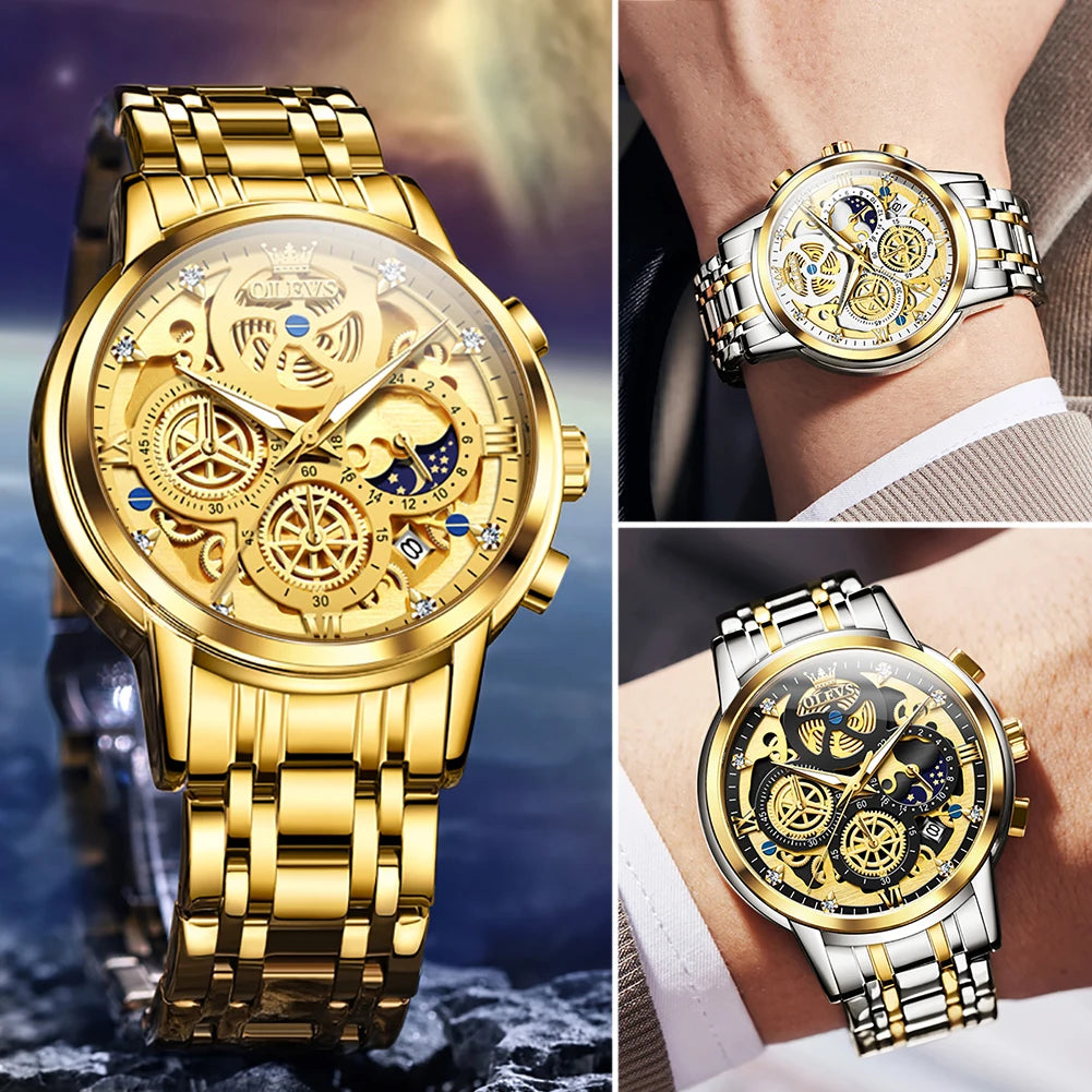 OLEVS-reloj de cuarzo para hombre, cronógrafo de marca superior de lujo, Original, resistente al agua, estilo esqueleto dorado, 24 horas, dÃÂa y noche, nuevo