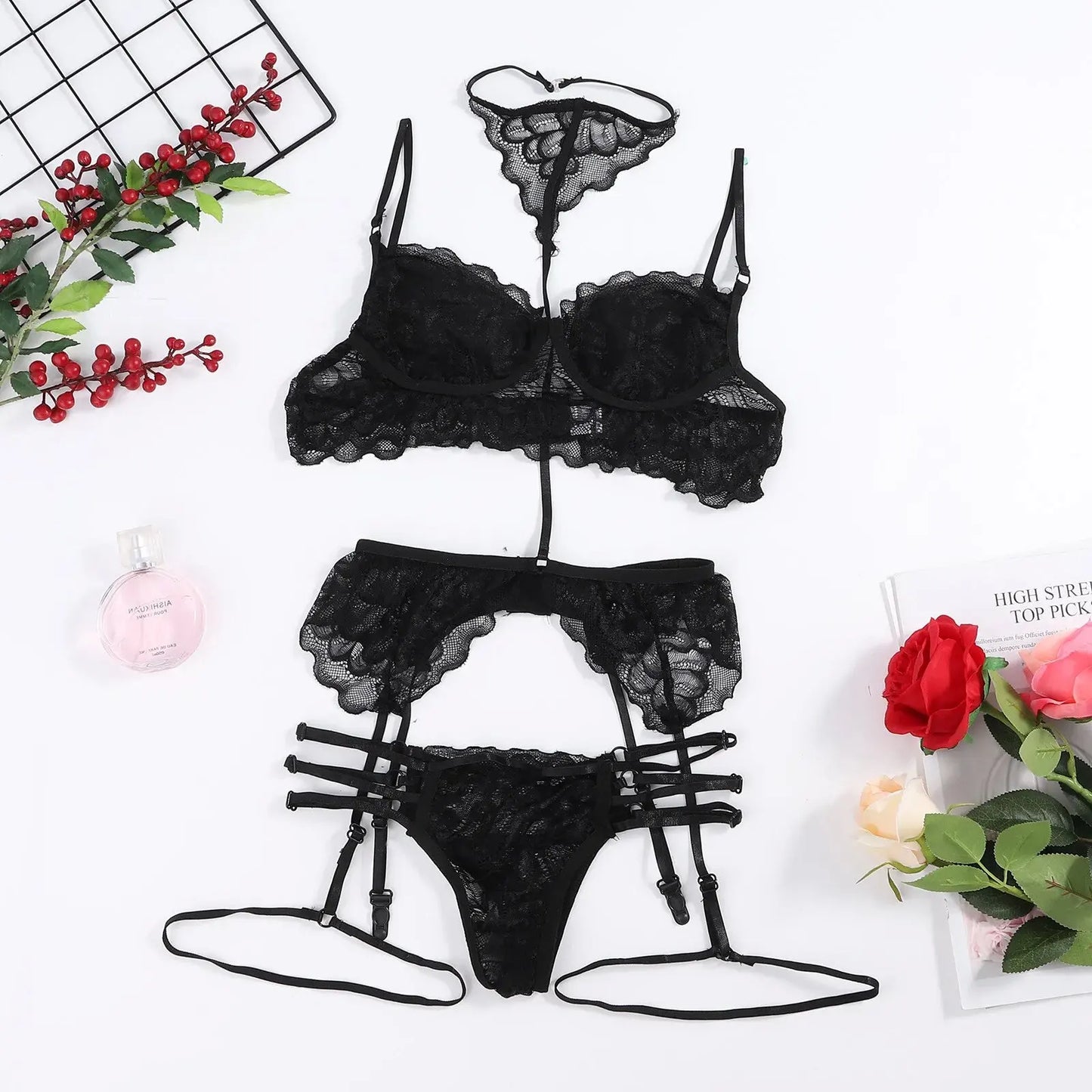 Conjuntos de lencerÃa Sexy para mujer, sujetador de encaje, bragas calientes, conjunto de ligas, ropa interior erótica, trajes transparentes, Bikini, tirantes Bdsm para mujer