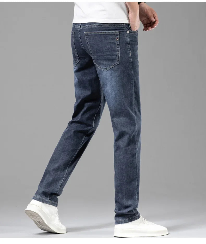 Pantalones vaqueros finos de algodón elástico para hombre, pantalón informal, recto, cómodo, color gris, a la moda, para verano