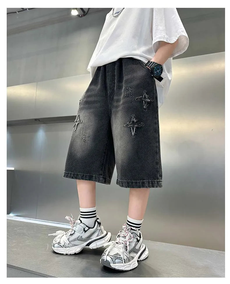 Boy Star Jeans 2025 Verano Nuevo Producto Moda Niños Denim Pantalones medios Pantalones cortos casuales para niños 5-15 años