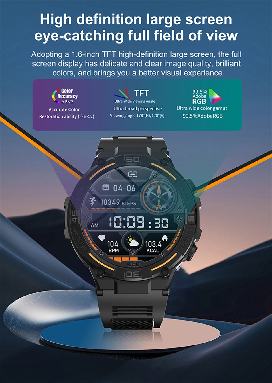 Reloj inteligente militar para hombre, dispositivo con pantalla HD de 360x360, linterna, control de la salud, resistente al agua, control del ritmo cardÃaco, llamadas BT, para Android e IOS