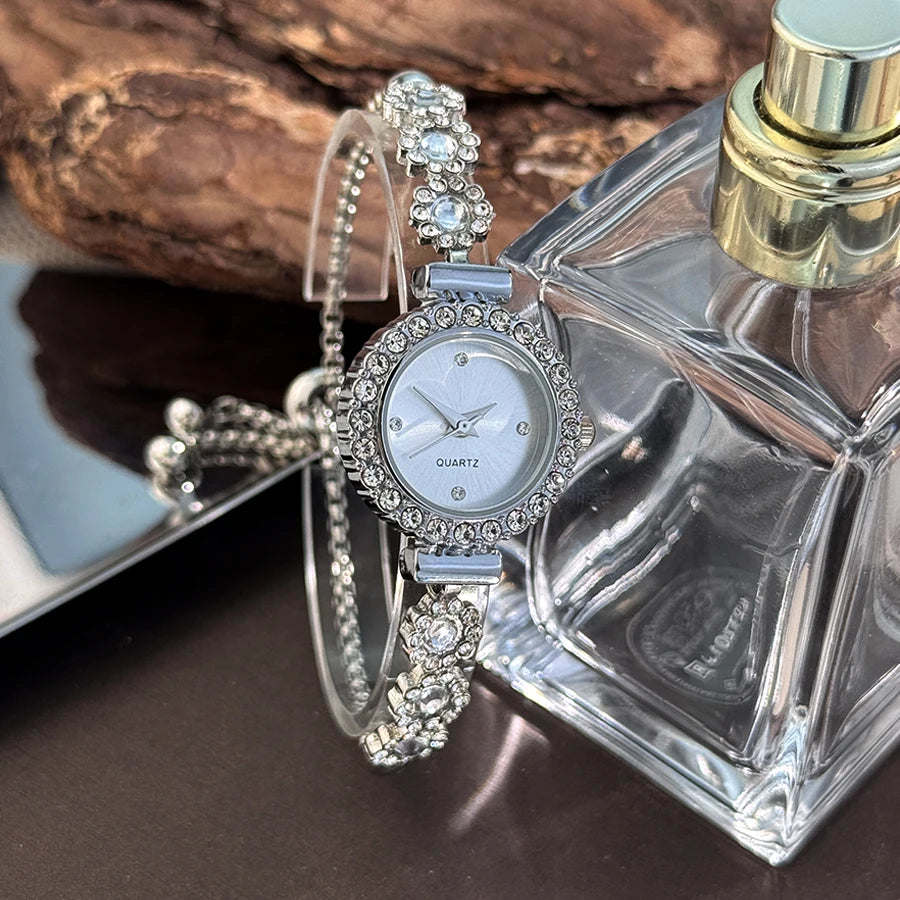 Conjunto de reloj de pulsera de Calcedonia de comercio exterior con luz de diamante, reloj de cuarzo de lujo en vivo, nuevo reloj de mujer con diamantes