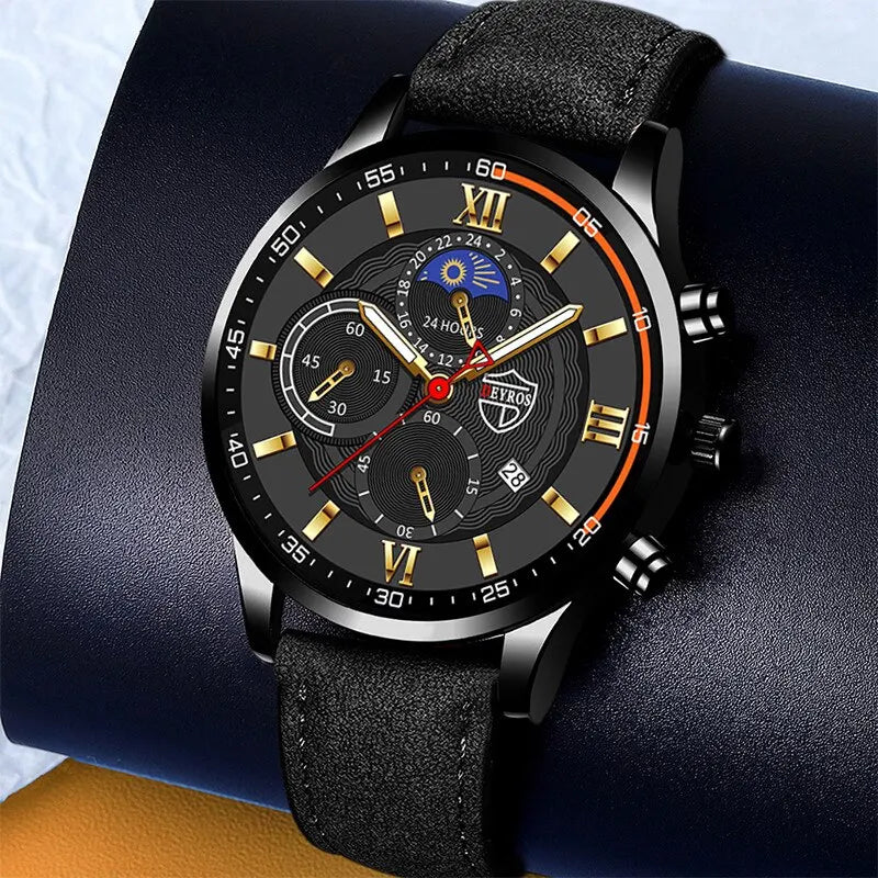 Conjunto de 2 piezas de relojes deportivos de moda para hombre, pulsera de cuero de negocios, reloj de cuarzo informal para hombre, reloj luminoso de lujo para hombre