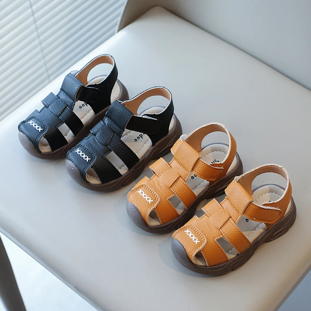 Sandalias deportivas de verano para niños, sandalias Vintage de cuero PU para niño, sandalias antideslizantes de suela blanda para chico, zapatos de verano a la moda