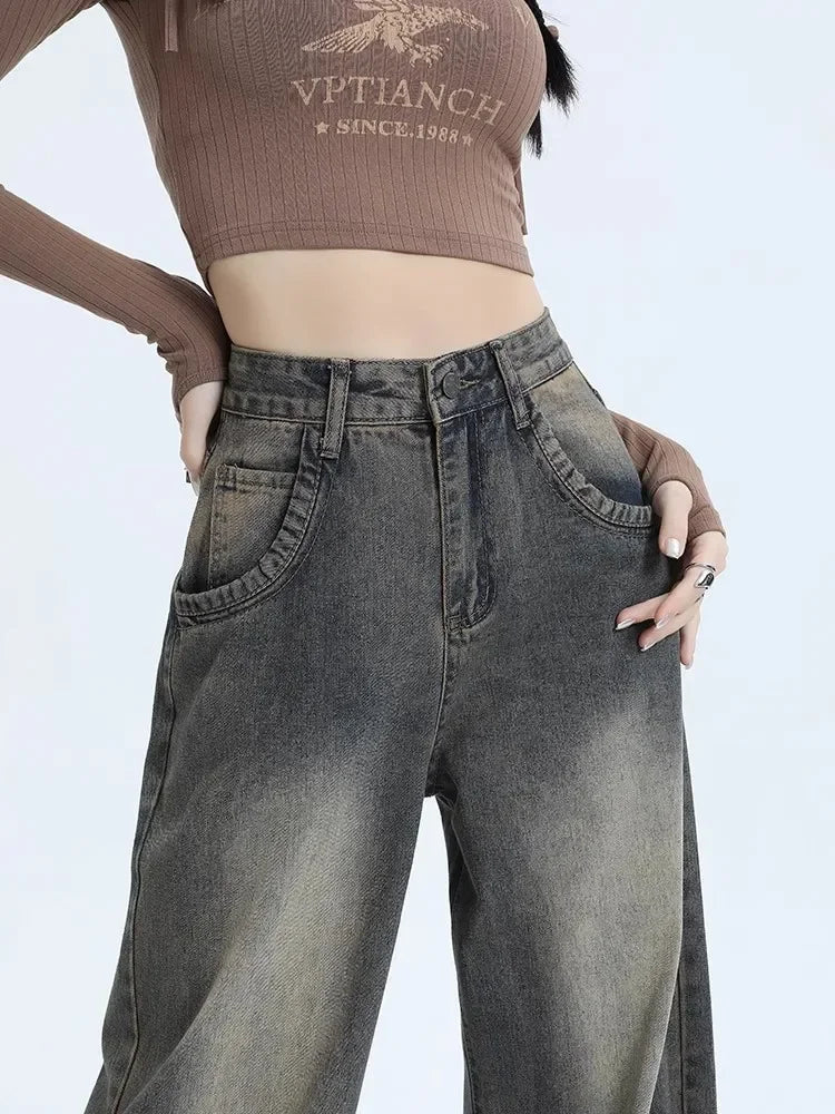 Nueva llegada otoño 2023 pantalones vaqueros de pierna ancha Vintage de cintura alta estilo americano para mujer pantalones vaqueros holgados informales de pierna recta