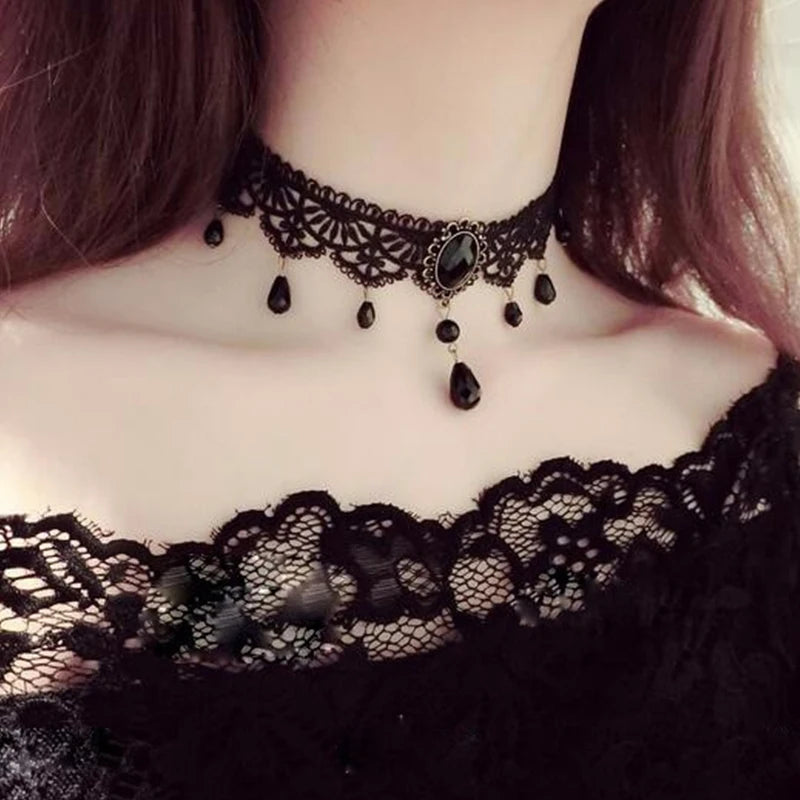 Nuevas gargantillas góticas sexis, gargantilla de cuello de encaje negro de cristal, collar Vintage victoriano para mujer, joyerÃa Steampunk