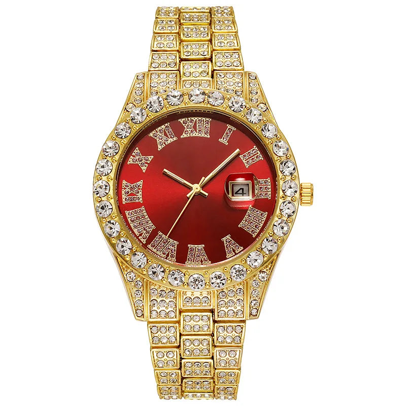 Reloj de cuarzo con correa de acero dorado para hombre, cronógrafo clásico de lujo, con calendario de diamantes de imitación, a la moda