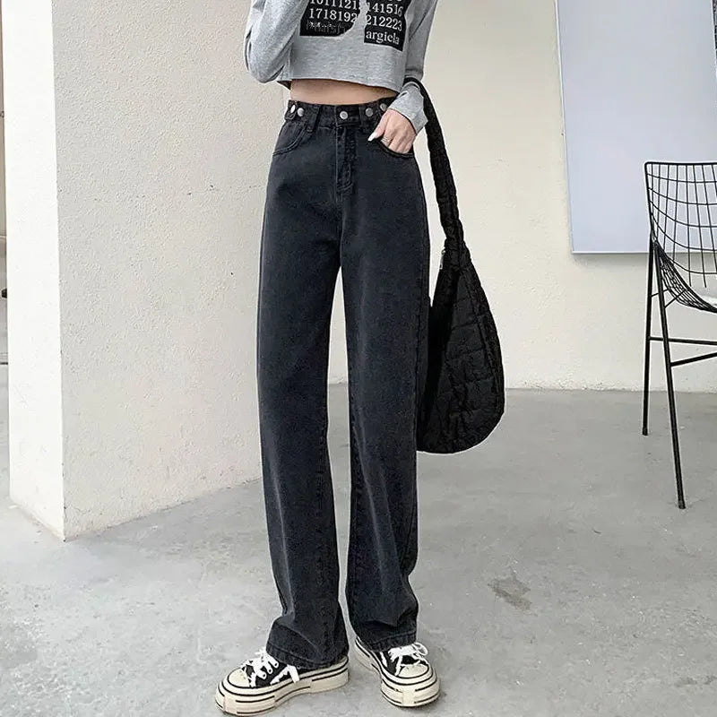 Pantalones vaqueros sueltos para mujer, diseño de cintura alta, entrepierna recta ajustable, pantalones de estilo Retro, tela de algodón, estilo informal cómodo
