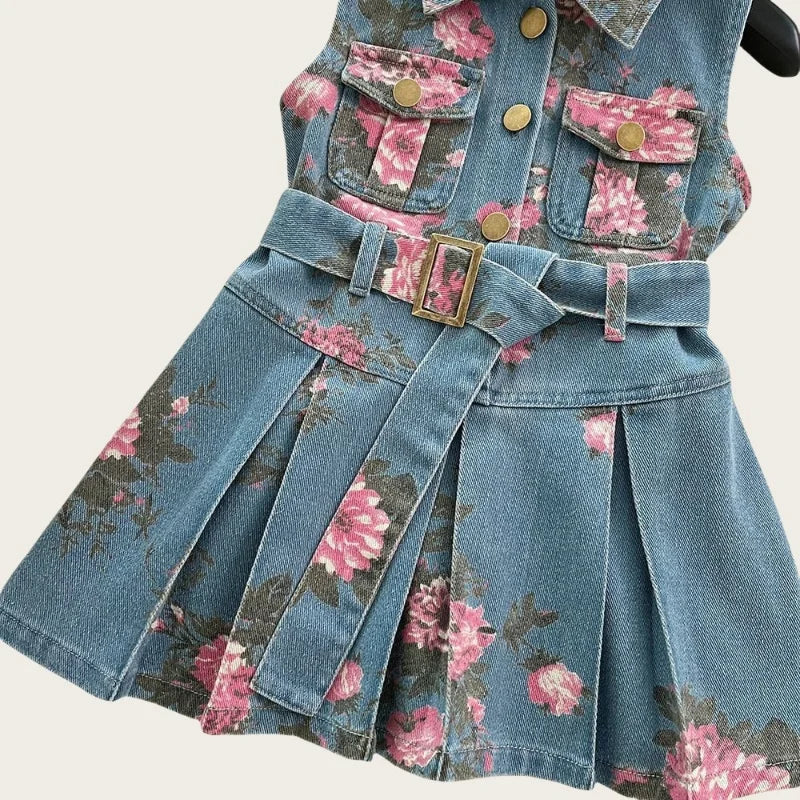 Vestido vaquero sin mangas con estampado Floral para niñas de 2 a 8 años, traje de verano a la moda con diseño elegante y cinturón