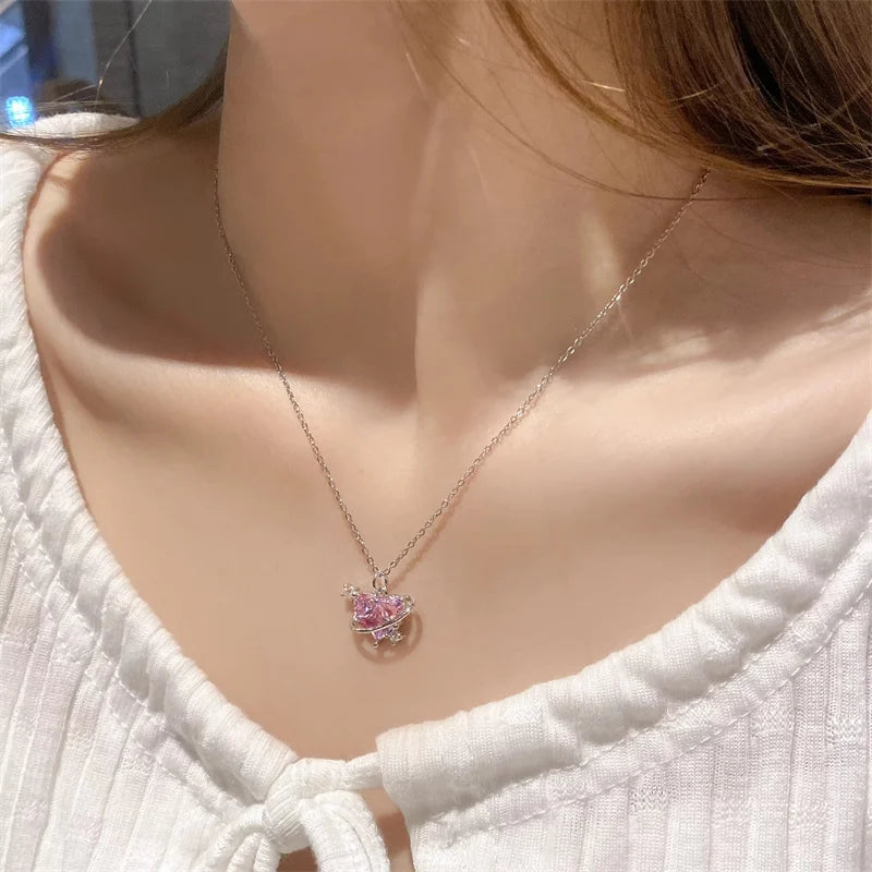 Collares con colgante de circonio y corazón de planeta rosa Y2K para mujer, collar de cadena de clavÃcula estética a la moda, regalo del DÃa de San ValentÃn, joyerÃa para fiesta