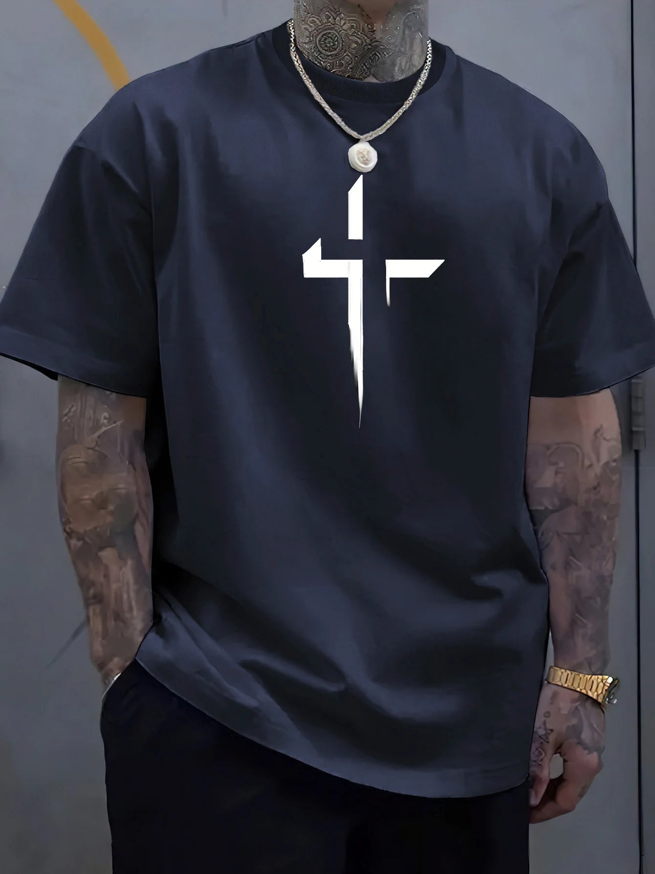 Camiseta de manga corta con cuello redondo para hombre, 100% de algodón puro, informal, holgada, de talla grande, con estampado creativo cruzado, deportiva, cómoda, de verano