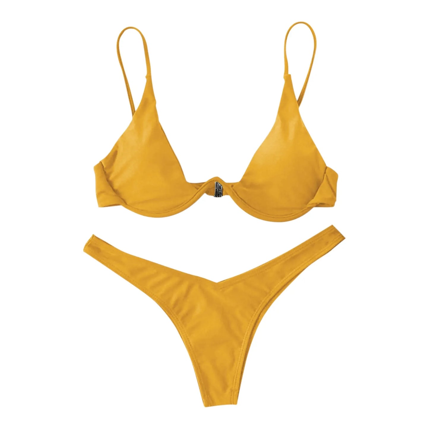 Bikini Sexy con aros para Mujer, traje de baño rojo liso con sujetador de realce, Tanga, traje de baño con cuello Halter y cuello de pico, Mini microtanga 2024