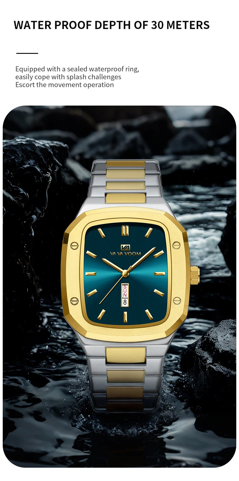 2024 nuevo reloj para hombre, correa cuadrada de acero inoxidable a la moda, oro azul, 3Bar, calendario semanal de cuarzo, reloj de pulsera deportivo de negocios simulado