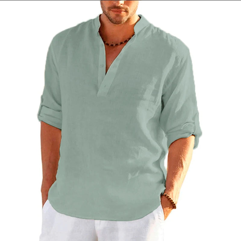 Nueva camiseta de manga larga de lino para hombre, camisa holgada informal transpirable de Color sólido, camisas de algodón para hombre, ropa de calle ligera de diseñador