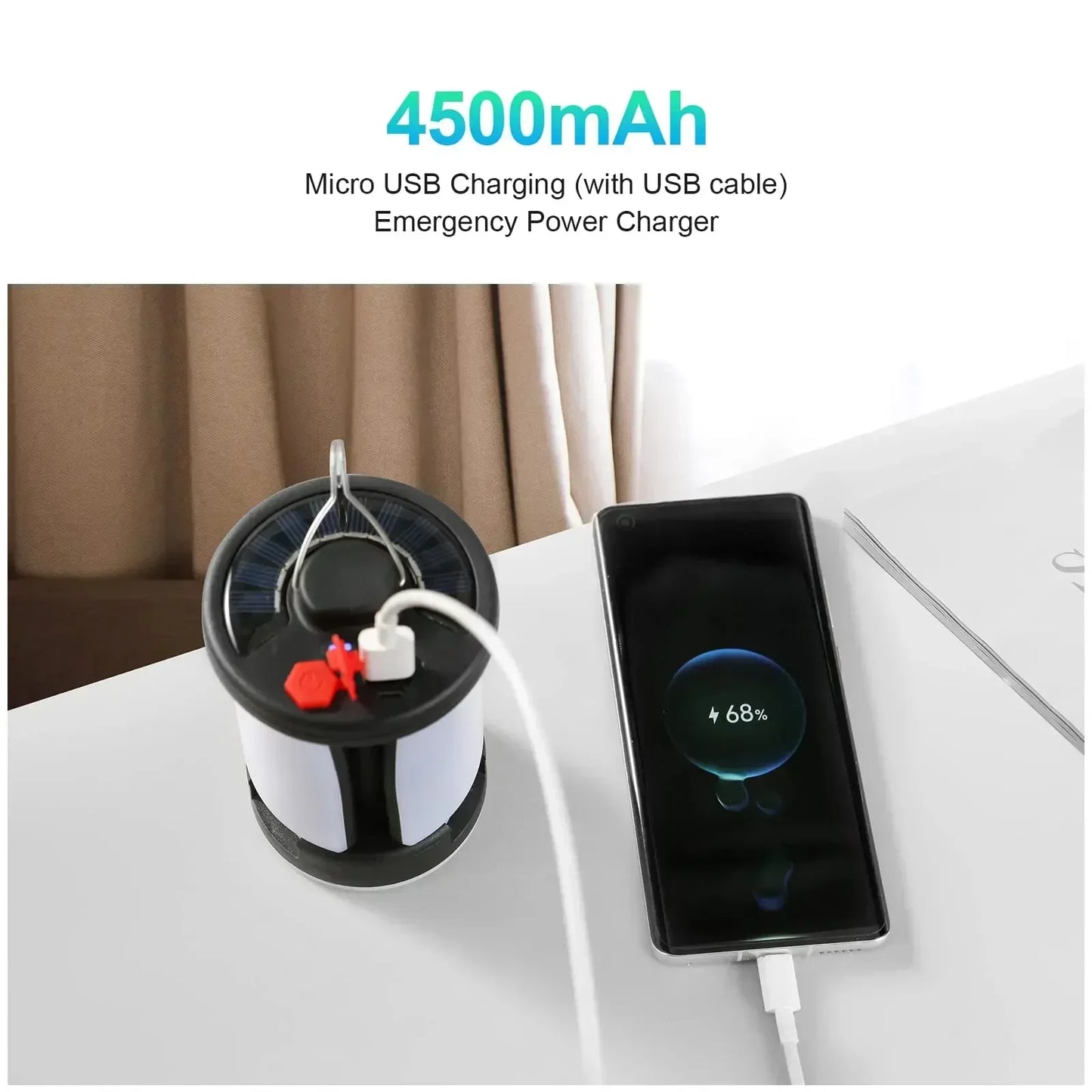 Linterna Solar LED de alta potencia para acampar, Banco de energía de emergencia plegable, recargable, 4500mAh, 1000LM, 6 modos de luz para acampar y pescar