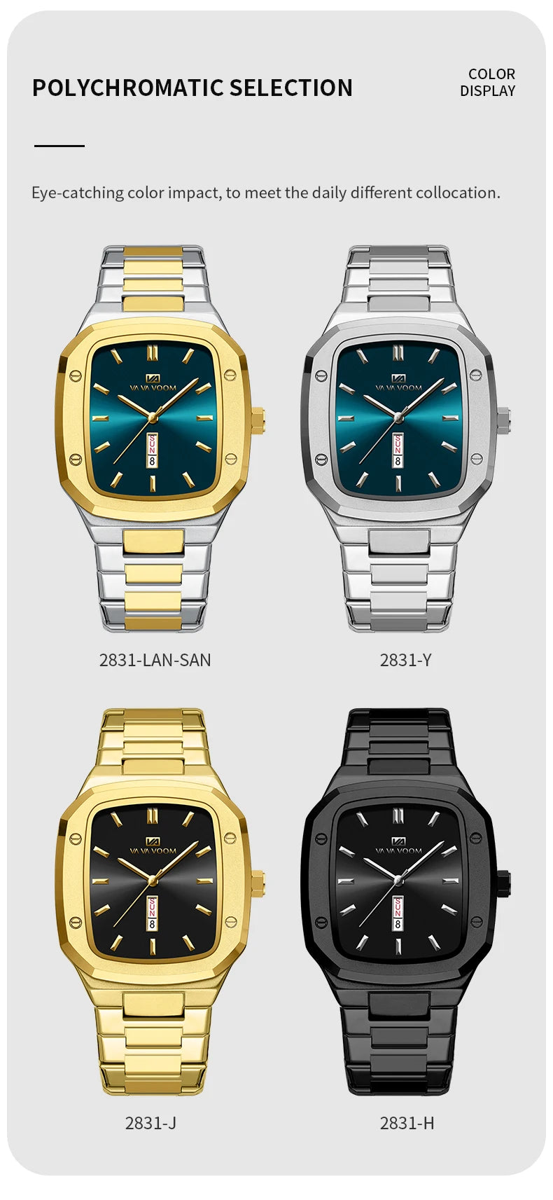 2024 nuevo reloj para hombre, correa cuadrada de acero inoxidable a la moda, oro azul, 3Bar, calendario semanal de cuarzo, reloj de pulsera deportivo de negocios simulado