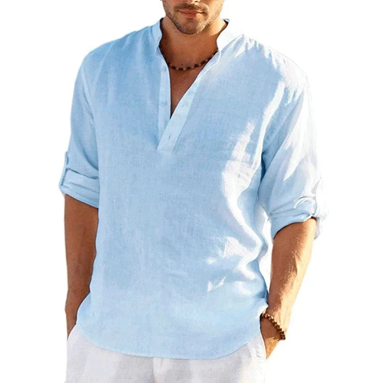 Nueva camiseta de manga larga de lino para hombre, camisa holgada informal transpirable de Color sólido, camisas de algodón para hombre, ropa de calle ligera de diseñador