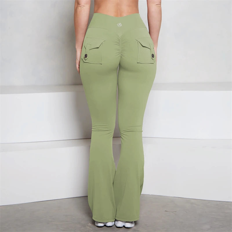 BUM gris bolsillo acampanado Scrunch Butt pantalones PB mujeres ajustado Sexy pantalones de cintura alta Push Up deporte Fitness Flare Leggings