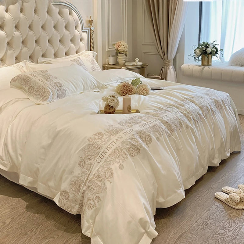 Juego de cama de algodón de grapa larga de 100 unidades, funda nórdica bordada con patrones de flores y plantas, Sábana bajera tamaño Queen TwinFull