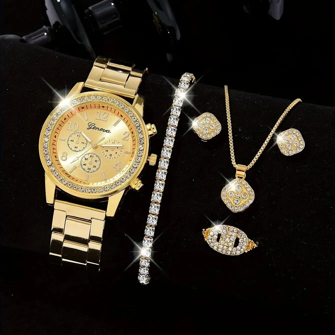 Juego de 5 piezas de reloj de oro para mujer, anillo de lujo, collar, pendientes, diamantes de imitación, reloj de pulsera de moda, relojes casuales para mujer, conjunto de pulsera