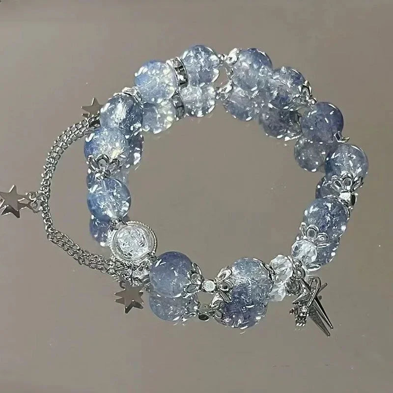 Pulsera con borlas y cadena de estrella para mujer, diseño de nicho, cuentas de cristal azul de fantasÃa, pulsera de cuerda elástica, regalos de joyerÃa para mejores amigos