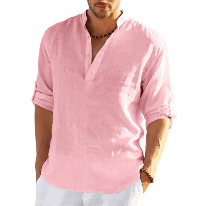 Nueva camiseta de manga larga de lino para hombre, camisa holgada informal transpirable de Color sólido, camisas de algodón para hombre, ropa de calle ligera de diseñador