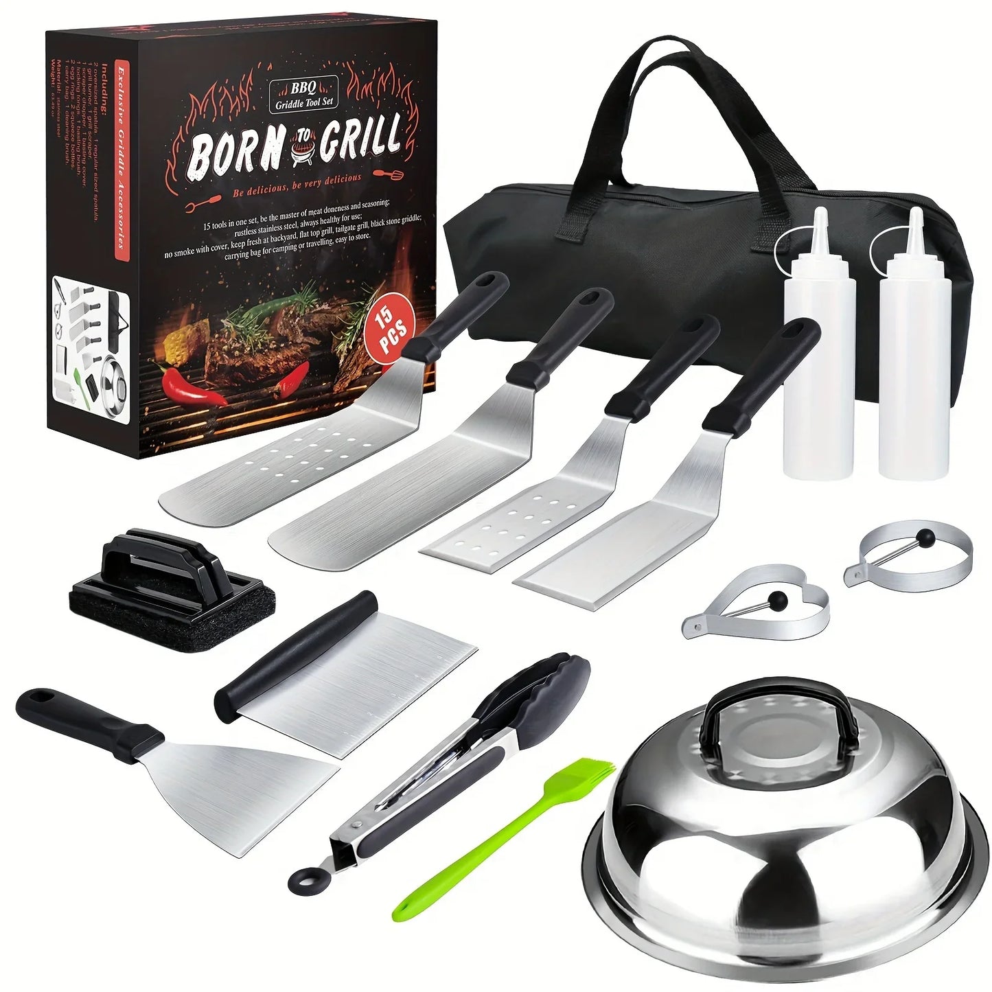 Juego de herramientas para parrilla superior plana de 15 piezas para Blackstone y Camping, juego de accesorios de acero inoxidable para asar al aire libre