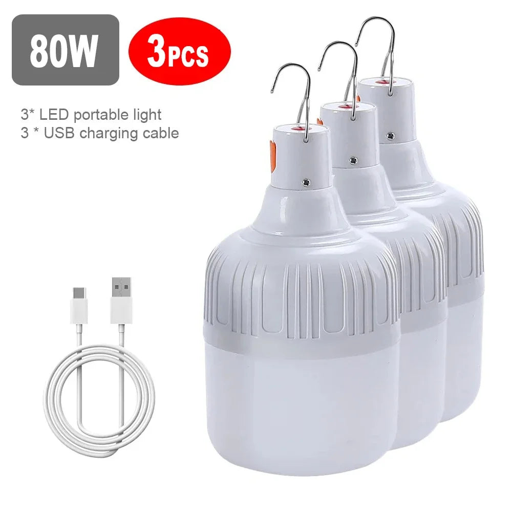 Luz de Camping de 60W y 80W, lámpara LED de emergencia recargable por USB, linternas portátiles para exteriores con gancho para tiendas de barbacoa, bombilla de batería