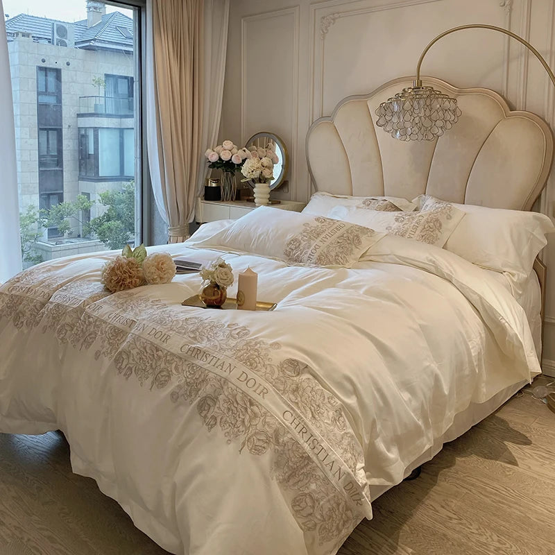 Juego de cama de algodón de grapa larga de 100 unidades, funda nórdica bordada con patrones de flores y plantas, Sábana bajera tamaño Queen TwinFull