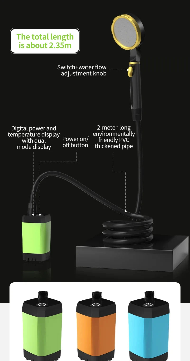 Bomba de ducha para acampar, Kit de ducha para exteriores RV, ducha de campamento con pantalla completa, pantalla Digital inteligente, Kit de ducha ajustable de 6000mAh